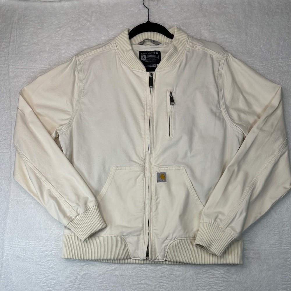 Carhartt Bomber Jacket Womens L Natural White Canvas Full Zip OJ2524-W
